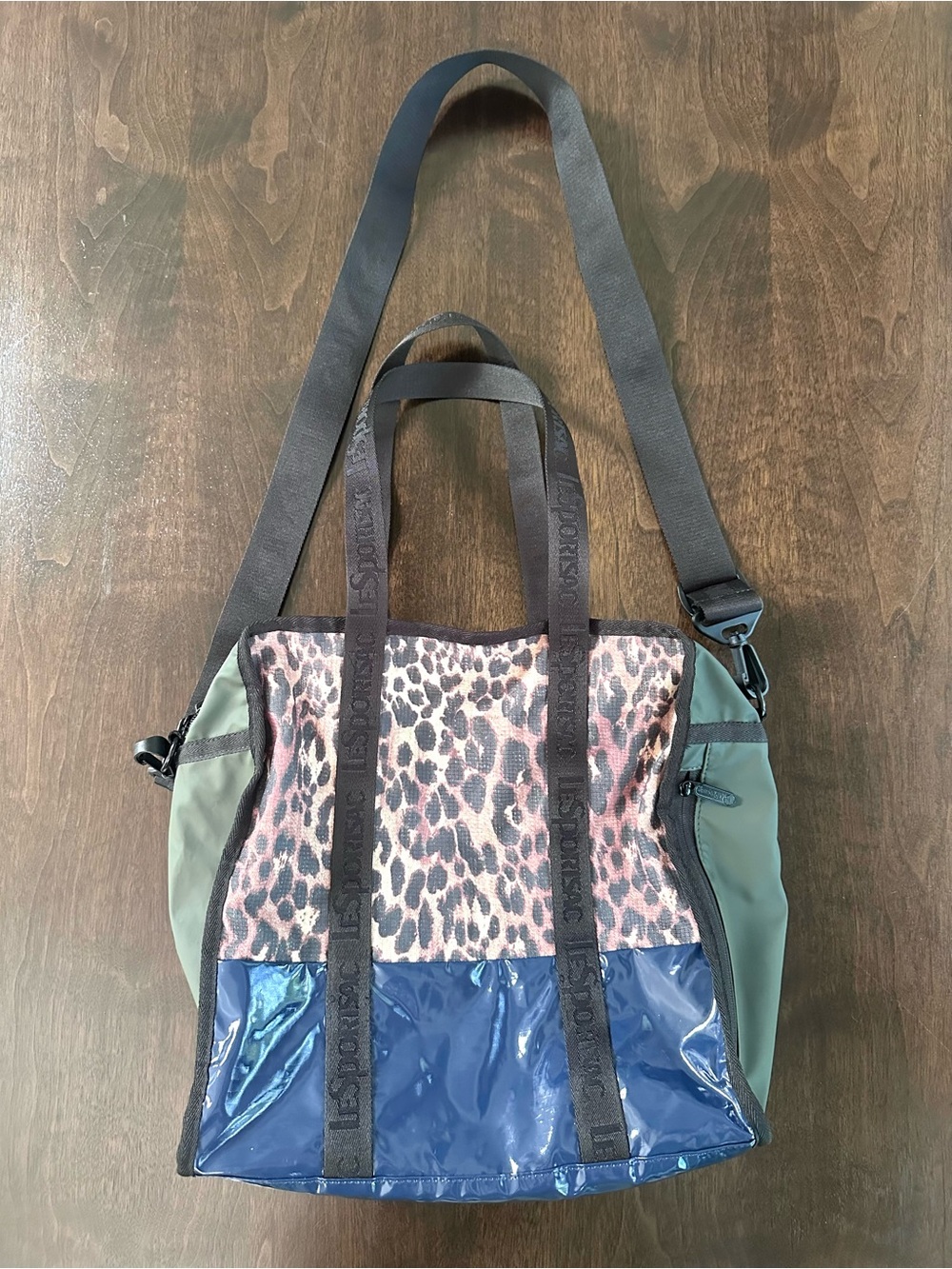 LeSportsac Gabrielle box tote Leopard Navy Green Mixed Print Tote EUC